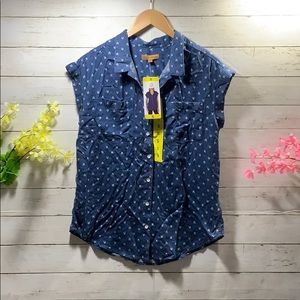 NWT Jachs Girlfriend Blue White Print Button Down